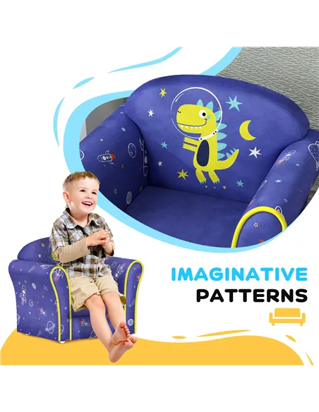 AIYAPLAY Kids Armchair with Planet Dinosaurs Design, Wooden Frame, for Bedroom, Playroom, Kids Room - Blue