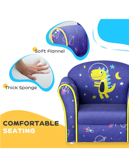 AIYAPLAY Kids Armchair with Planet Dinosaurs Design, Wooden Frame, for Bedroom, Playroom, Kids Room - Blue