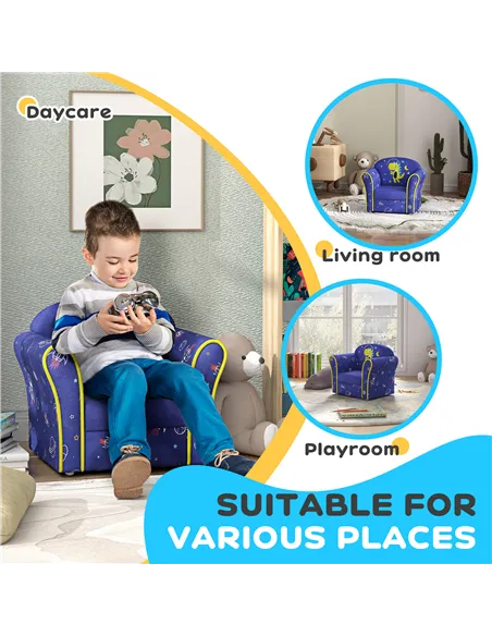 AIYAPLAY Kids Armchair with Planet Dinosaurs Design, Wooden Frame, for Bedroom, Playroom, Kids Room - Blue