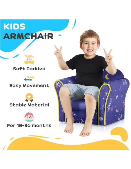 AIYAPLAY Kids Armchair with Planet Dinosaurs Design, Wooden Frame, for Bedroom, Playroom, Kids Room - Blue