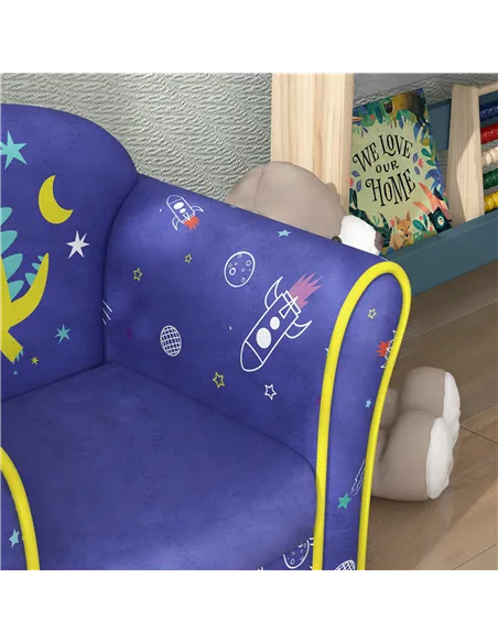 AIYAPLAY Kids Armchair with Planet Dinosaurs Design, Wooden Frame, for Bedroom, Playroom, Kids Room - Blue
