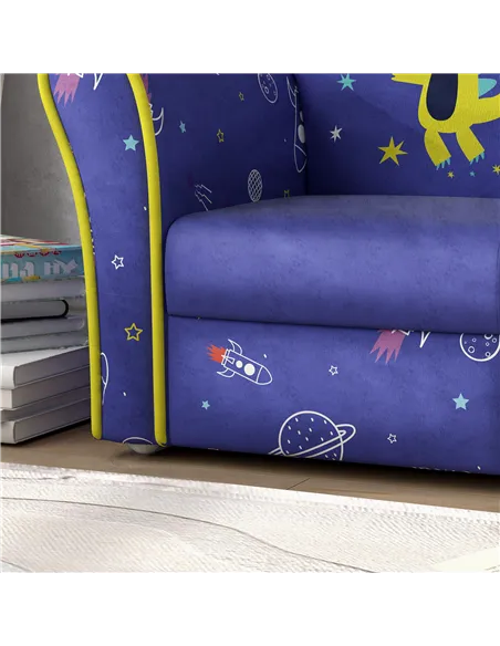 AIYAPLAY Kids Armchair with Planet Dinosaurs Design, Wooden Frame, for Bedroom, Playroom, Kids Room - Blue