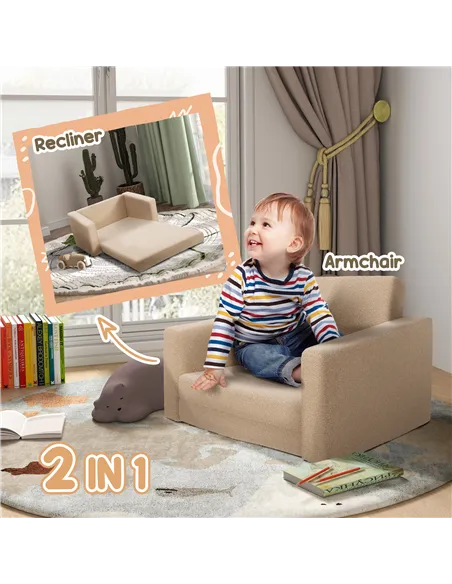 AIYAPLAY 2 in 1 Kids Armchair, Foldable Recliner for 1.5-3 Years Old, Khaki