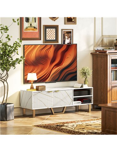 HOMCOM Marble Effect TV Unit, TV Stand Cabinet for up to 70" TVs, Modern TV Cabinet with Shelves and Storage Cupboard, Fluted Do