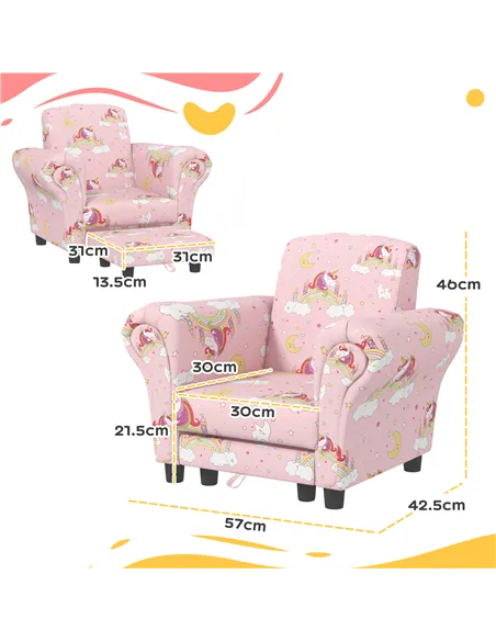 AIYAPLAY 2 Piece Kids Sofa Set with Unicorn Design, Wooden Frame, for 1.5-3 Years Old, Pink