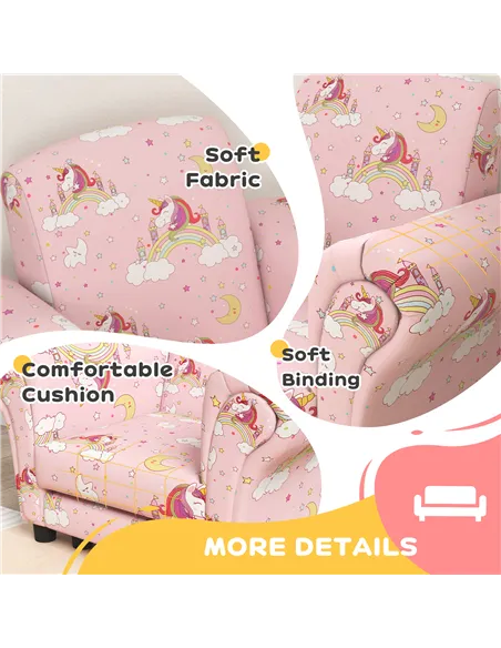 AIYAPLAY 2 Piece Kids Sofa Set with Unicorn Design, Wooden Frame, for 1.5-3 Years Old, Pink