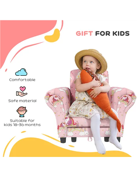 AIYAPLAY 2 Piece Kids Sofa Set with Unicorn Design, Wooden Frame, for 1.5-3 Years Old, Pink