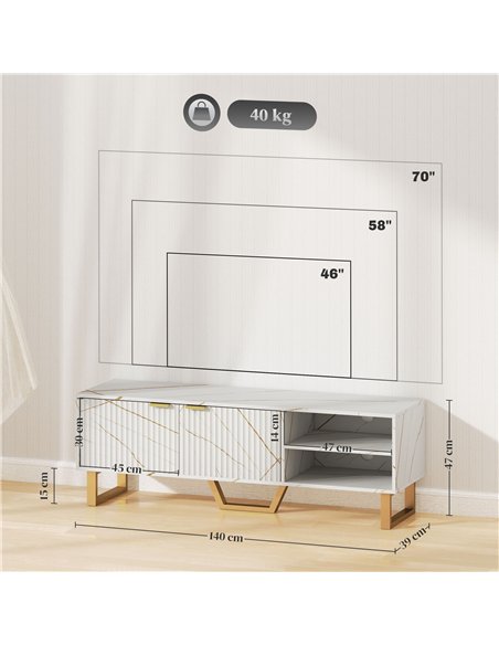 HOMCOM Marble Effect TV Unit, TV Stand Cabinet for up to 70" TVs, Modern TV Cabinet with Shelves and Storage Cupboard, Fluted Do
