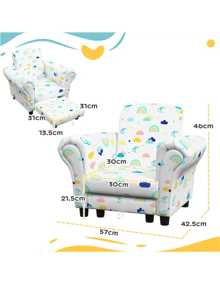 AIYAPLAY 2 Piece Kids Sofa Set with Cloud Design, Wooden Frame, for 1.5-3 Years Old, White