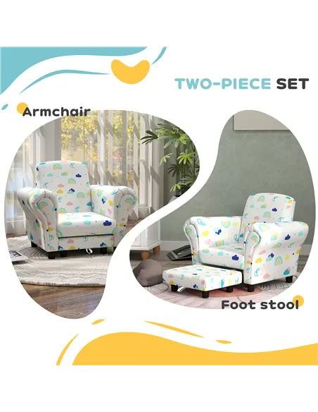 AIYAPLAY 2 Piece Kids Sofa Set with Cloud Design, Wooden Frame, for 1.5-3 Years Old, White