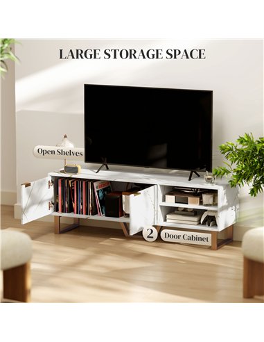 HOMCOM Marble Effect TV Unit, TV Stand Cabinet for up to 70" TVs, Modern TV Cabinet with Shelves and Storage Cupboard, Fluted Do