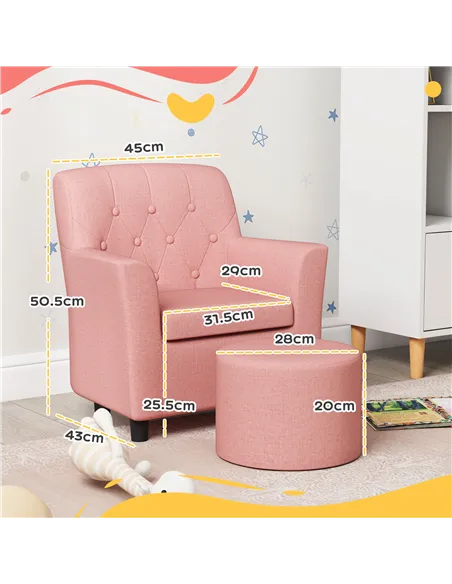 AIYAPLAY 2PCs Kids Sofa Set with Footrest, for Playroom, Bedroom, Pink