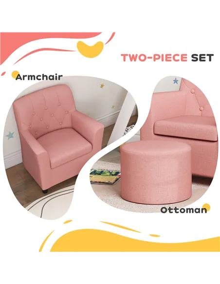 AIYAPLAY 2PCs Kids Sofa Set with Footrest, for Playroom, Bedroom, Pink