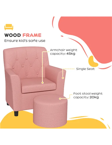 AIYAPLAY 2PCs Kids Sofa Set with Footrest, for Playroom, Bedroom, Pink