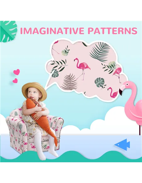 AIYAPLAY Kids Armchair with Flamingo Design, Wooden Frame, for Bedroom, Playroom, Kids Room - Pink