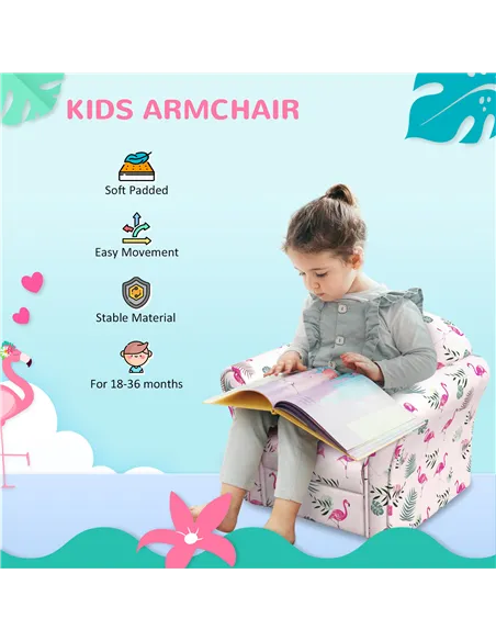 AIYAPLAY Kids Armchair with Flamingo Design, Wooden Frame, for Bedroom, Playroom, Kids Room - Pink