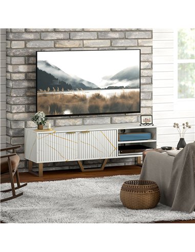 HOMCOM Marble Effect TV Unit, TV Stand Cabinet for up to 70" TVs, Modern TV Cabinet with Shelves and Storage Cupboard, Fluted Do