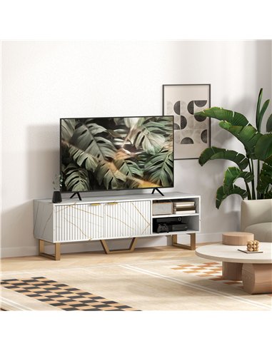 HOMCOM Marble Effect TV Unit, TV Stand Cabinet for up to 70" TVs, Modern TV Cabinet with Shelves and Storage Cupboard, Fluted Do