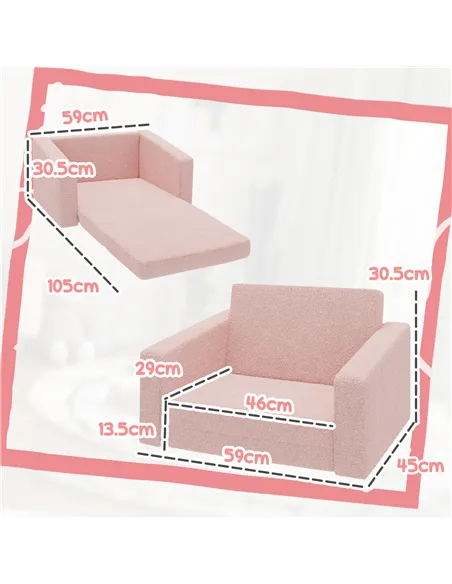 AIYAPLAY 2 in 1 Kids Armchair, Foldable Recliner for 1.5-3 Years Old, Pink