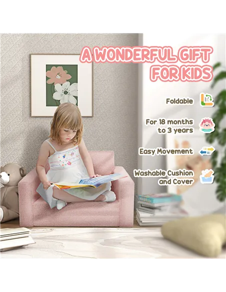 AIYAPLAY 2 in 1 Kids Armchair, Foldable Recliner for 1.5-3 Years Old, Pink