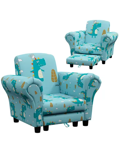 AIYAPLAY 2 Piece Kids Sofa Set with Dinosaur Design, Wooden Frame, for 1.5-3 Years Old, Blue