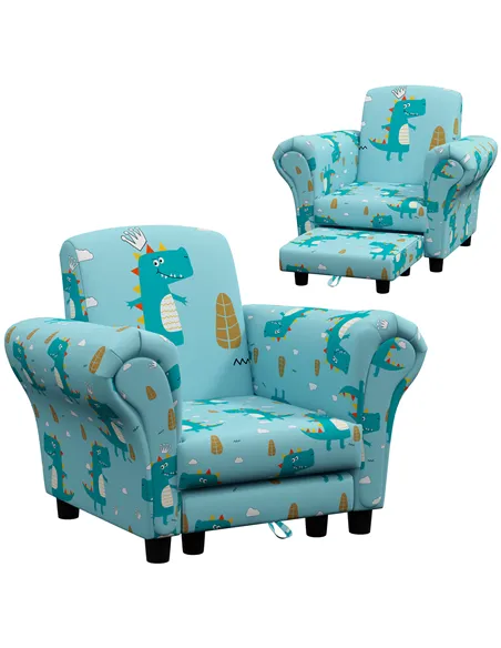 AIYAPLAY 2 Piece Kids Sofa Set with Dinosaur Design, Wooden Frame, for 1.5-3 Years Old, Blue