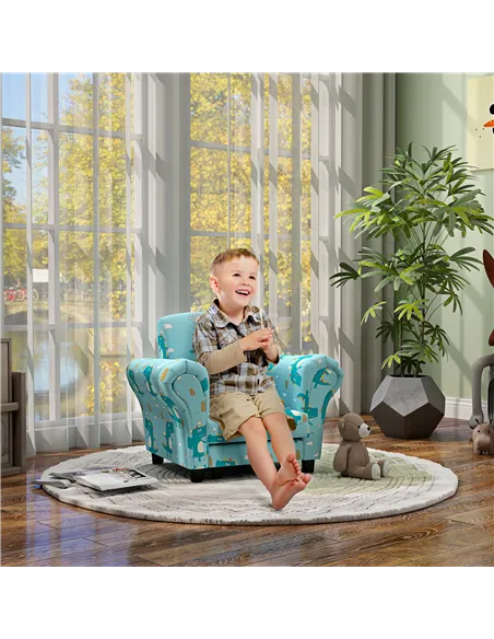 AIYAPLAY 2 Piece Kids Sofa Set with Dinosaur Design, Wooden Frame, for 1.5-3 Years Old, Blue