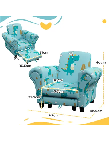 AIYAPLAY 2 Piece Kids Sofa Set with Dinosaur Design, Wooden Frame, for 1.5-3 Years Old, Blue