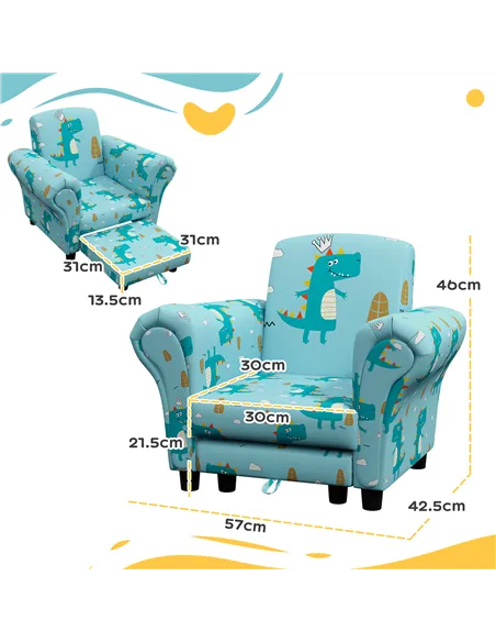 AIYAPLAY 2 Piece Kids Sofa Set with Dinosaur Design, Wooden Frame, for 1.5-3 Years Old, Blue