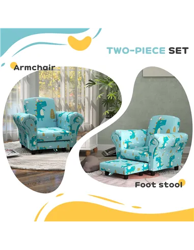 AIYAPLAY 2 Piece Kids Sofa Set with Dinosaur Design, Wooden Frame, for 1.5-3 Years Old, Blue