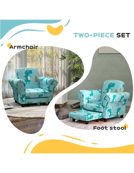 AIYAPLAY 2 Piece Kids Sofa Set with Dinosaur Design, Wooden Frame, for 1.5-3 Years Old, Blue