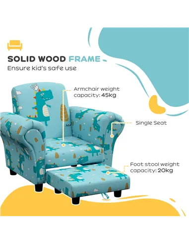 AIYAPLAY 2 Piece Kids Sofa Set with Dinosaur Design, Wooden Frame, for 1.5-3 Years Old, Blue