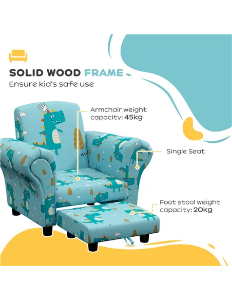 AIYAPLAY 2 Piece Kids Sofa Set with Dinosaur Design, Wooden Frame, for 1.5-3 Years Old, Blue