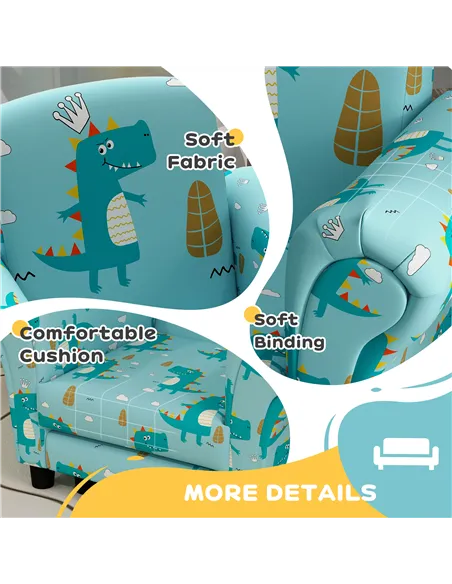 AIYAPLAY 2 Piece Kids Sofa Set with Dinosaur Design, Wooden Frame, for 1.5-3 Years Old, Blue