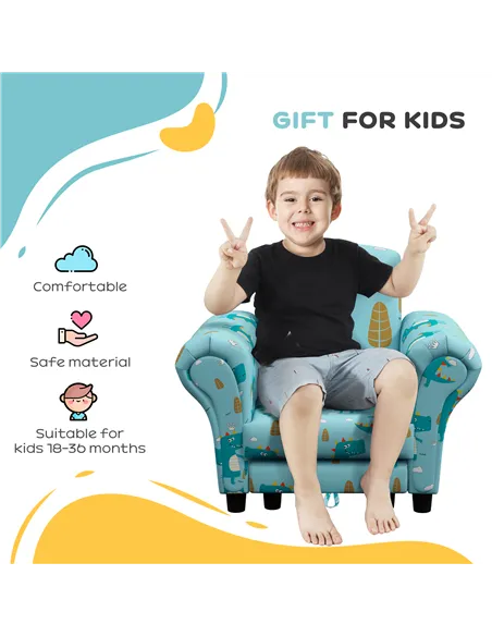 AIYAPLAY 2 Piece Kids Sofa Set with Dinosaur Design, Wooden Frame, for 1.5-3 Years Old, Blue