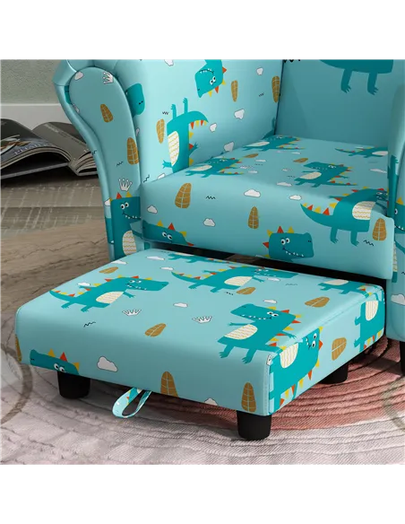 AIYAPLAY 2 Piece Kids Sofa Set with Dinosaur Design, Wooden Frame, for 1.5-3 Years Old, Blue
