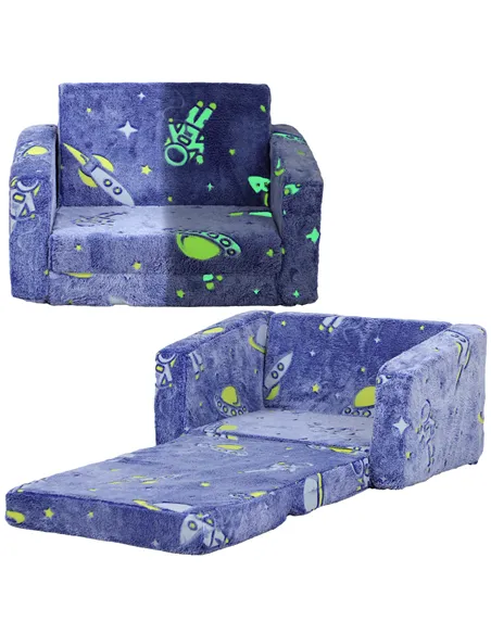 AIYAPLAY 2 in 1 Kids Kids Folding Bed Armchair with Glow in The Dark Cosmic Design, Washable Cushion and Cover, Blue
