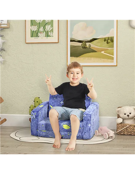 AIYAPLAY 2 in 1 Kids Kids Folding Bed Armchair with Glow in The Dark Cosmic Design, Washable Cushion and Cover, Blue