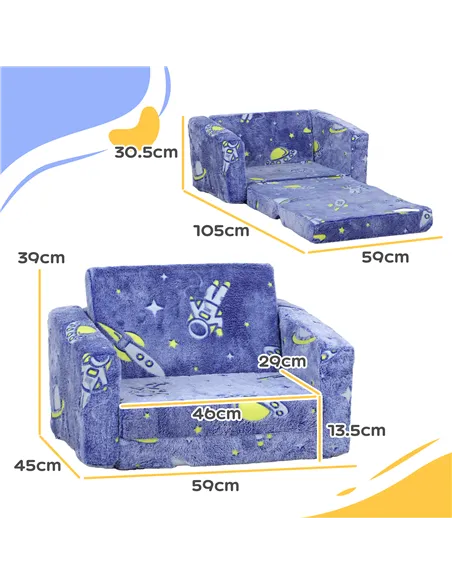 AIYAPLAY 2 in 1 Kids Kids Folding Bed Armchair with Glow in The Dark Cosmic Design, Washable Cushion and Cover, Blue