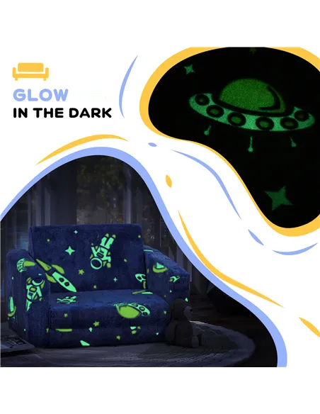 AIYAPLAY 2 in 1 Kids Kids Folding Bed Armchair with Glow in The Dark Cosmic Design, Washable Cushion and Cover, Blue