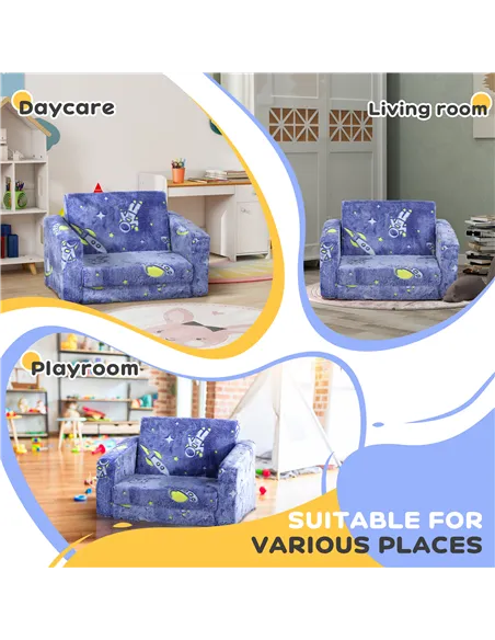 AIYAPLAY 2 in 1 Kids Kids Folding Bed Armchair with Glow in The Dark Cosmic Design, Washable Cushion and Cover, Blue