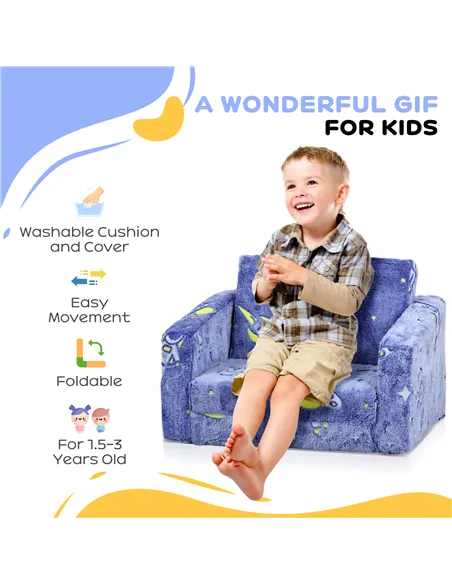 AIYAPLAY 2 in 1 Kids Kids Folding Bed Armchair with Glow in The Dark Cosmic Design, Washable Cushion and Cover, Blue