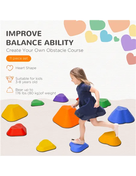 AIYAPLAY 11-Piece Heart-Shaped Kids Balance Stepping Stones and Motor Skills, Multicoloured