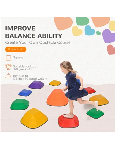 AIYAPLAY Balance Stepping Stones for Kids, 11-Piece Non-Slip Stackable River Stones, Obstacle Courses for Balance and Motor Skil