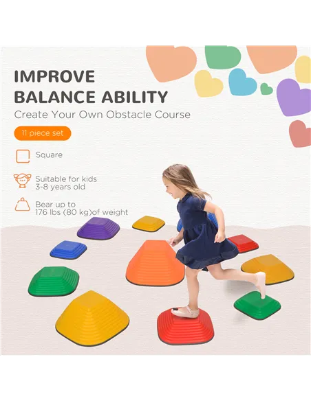 AIYAPLAY Balance Stepping Stones for Kids, 11-Piece Non-Slip Stackable River Stones, Obstacle Courses for Balance and Motor Skil