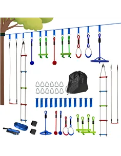 AIYAPLAY 10-Piece Zip Line Kit for Kids with 10m Slackline, Monkey Bars, Swing, Climbing Ladder, Hanging Tray, Metal Rings