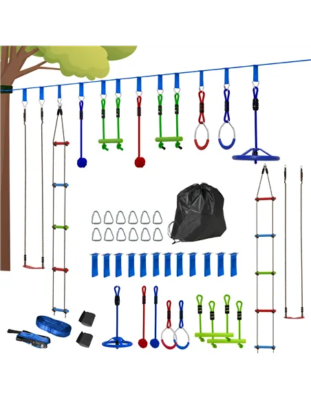 AIYAPLAY 10-Piece Zip Line Kit for Kids with 10m Slackline, Monkey Bars, Swing, Climbing Ladder, Hanging Tray, Metal Rings