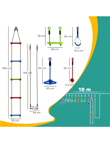 AIYAPLAY 10-Piece Zip Line Kit for Kids with 10m Slackline, Monkey Bars, Swing, Climbing Ladder, Hanging Tray, Metal Rings