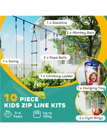 AIYAPLAY 10-Piece Zip Line Kit for Kids with 10m Slackline, Monkey Bars, Swing, Climbing Ladder, Hanging Tray, Metal Rings
