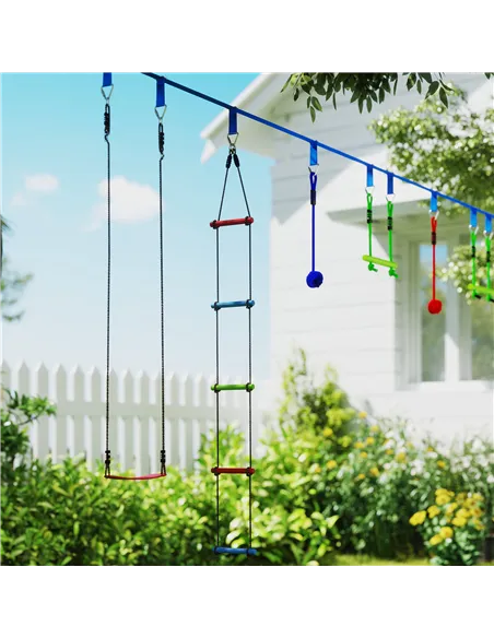 AIYAPLAY 10-Piece Zip Line Kit for Kids with 10m Slackline, Monkey Bars, Swing, Climbing Ladder, Hanging Tray, Metal Rings